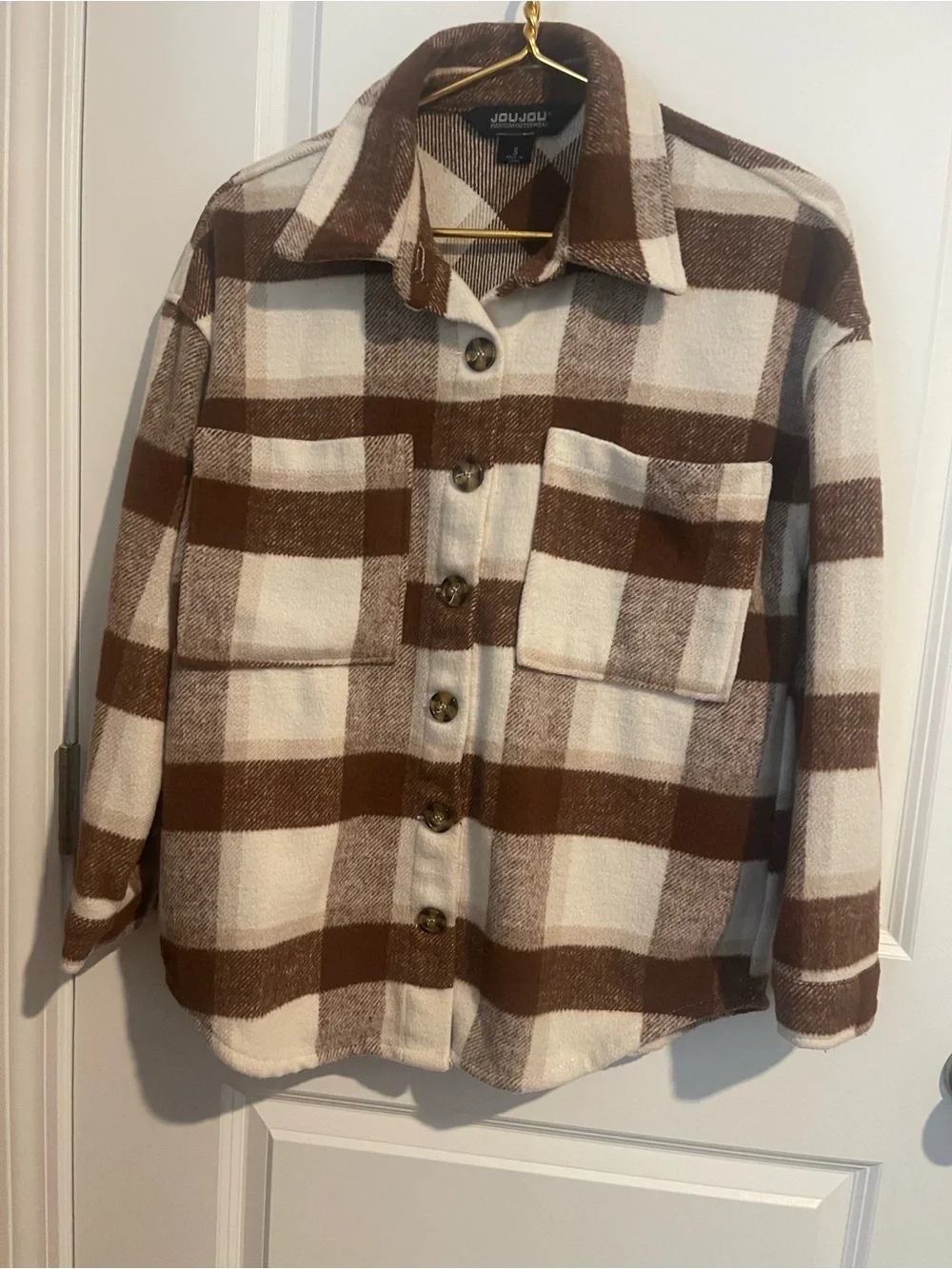 Jou Jou Women’s S Brown & Cream Plaid Button-Front Shacket 21 P-P 28L